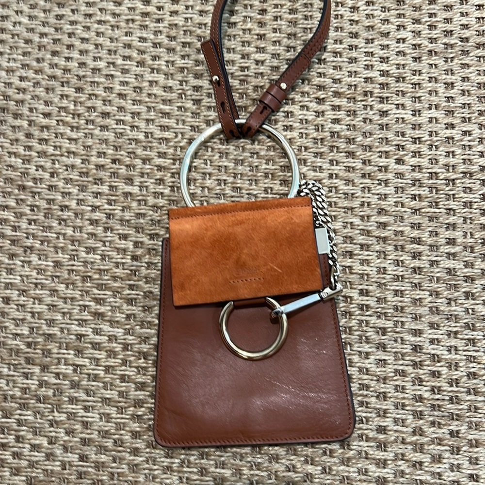 CHLOE Faye Brown Bag with Gold Ring 24 inch drop Mini in Brown calfskin/ suede